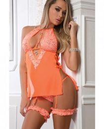 Halter O-Ring Babydoll &amp; Panty Garter Neon Peach O/S