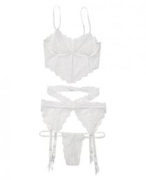 Lace Long Line Bra, Garter Belt &amp; G-String White O/S