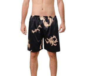 Men Imitation Silk Dragon Print Short Pants Pajama (Color: Black, size: M)