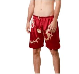 Men Imitation Silk Dragon Print Short Pants Pajama (Color: Red, size: M)